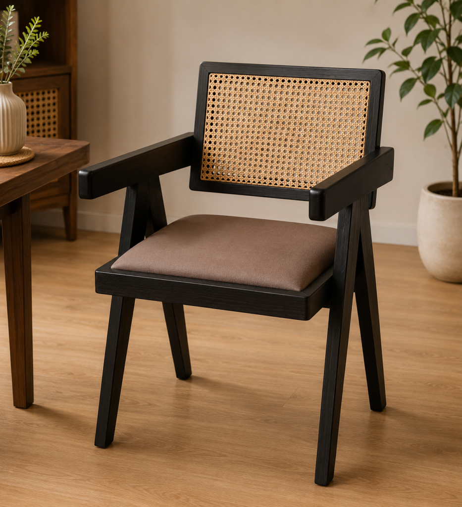Classic Rattan-Back Acacia Chair – Black