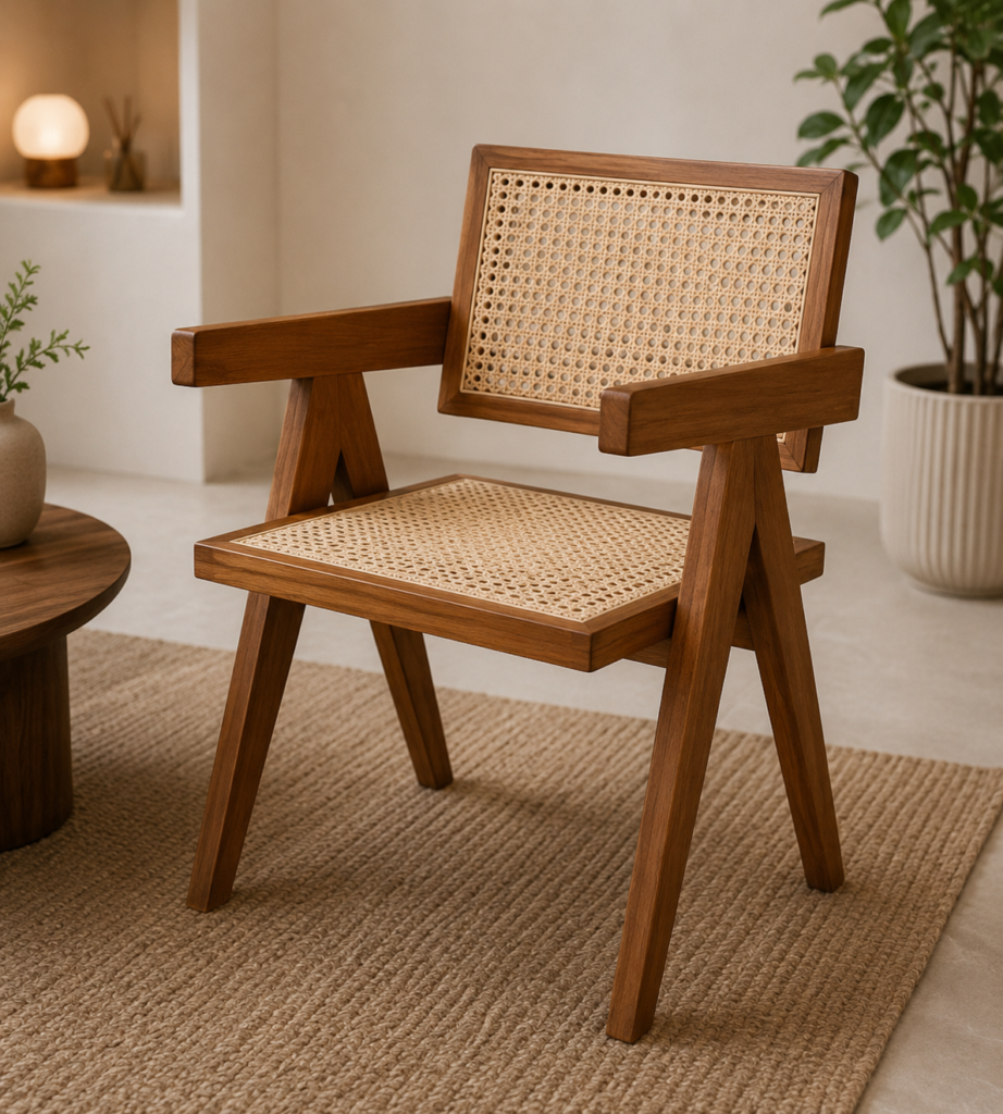 Classic Rattan-Back Solid Oak Chair – Light Brown