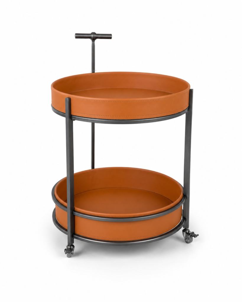 2-Tier Side Table with Lockable Wheels – Tan Leather Finish