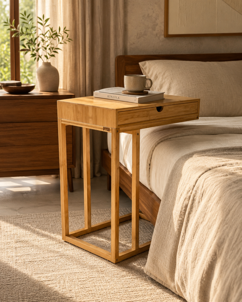 Bamboo C-Shaped Side Table with Drawer