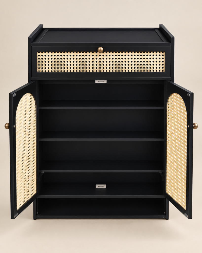Bamboo Rattan Shoe Rack – Black