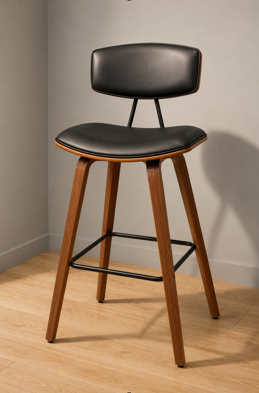 Brown Wooden High Chair with Black PU Leather Seat