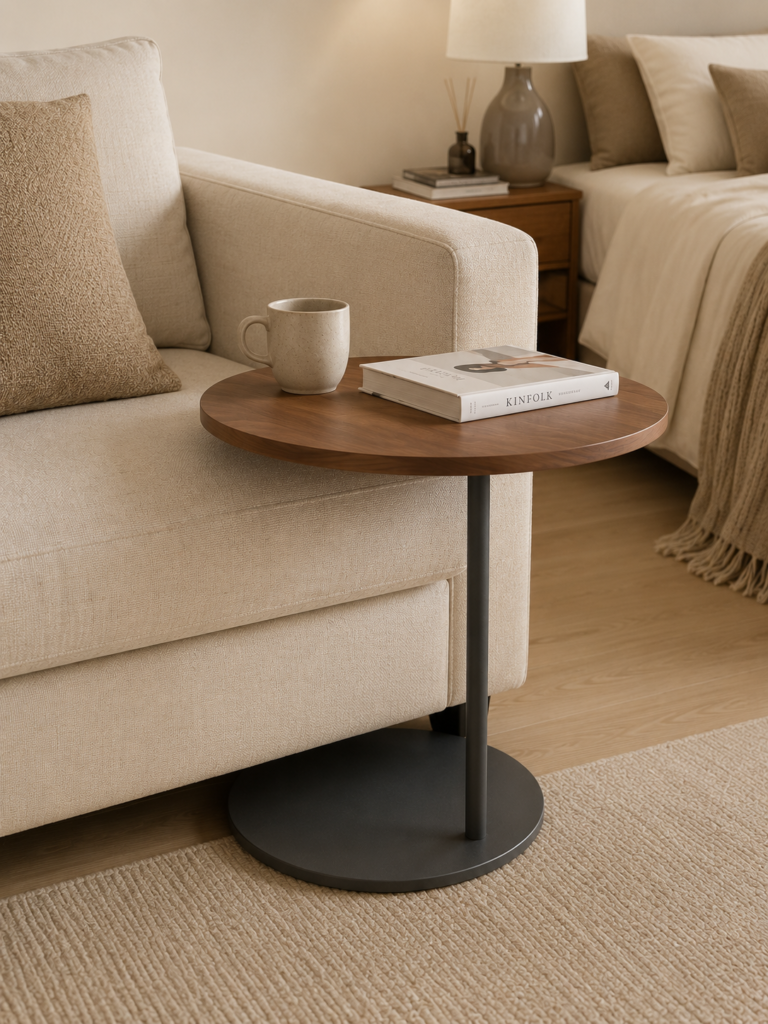 C-Shaped Wood & Metal Side Table