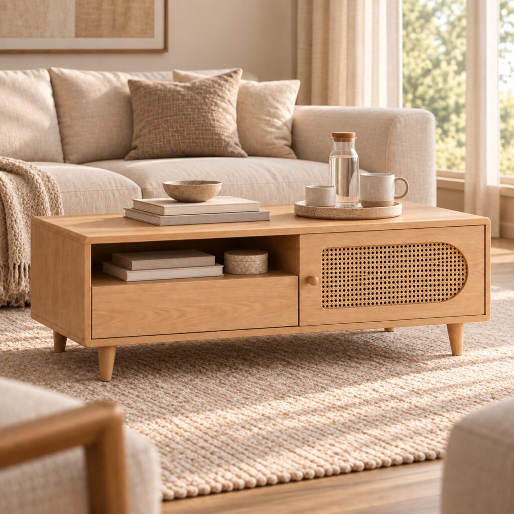 120 cm Coffee Table with Storage – Natural Wood Finish